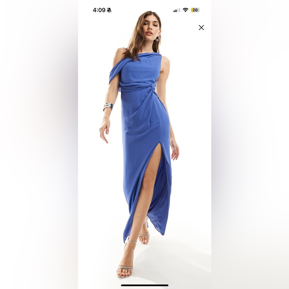 TFNC aster blue chiffon fallen shoulder maxi dress with drape